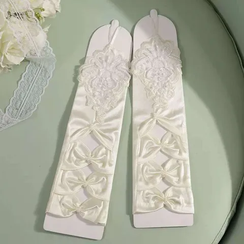 Women Long Satin Lace Bridal Gloves Elegant Wedding Evening Party Stage Performance Accessories One Size