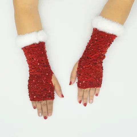 Guanti Senza Dita in Paillettes Rosse Rifinitura in Peluche Bianco Accessori Costumi di Natale Guanti Caldi Invernali Festa