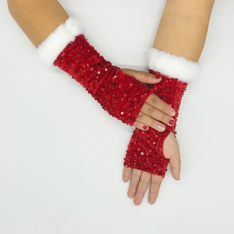 Guanti Senza Dita in Paillettes Rosse Rifinitura in Peluche Bianco Accessori Costumi di Natale Guanti Caldi Invernali Festa
