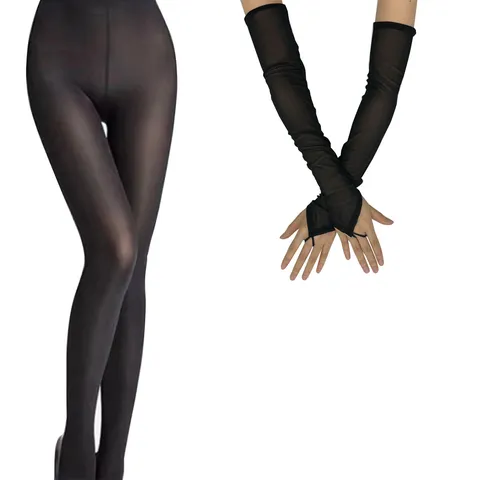 Women Sexy Mesh Satin Gloves Pantyhose Set Long Sleeve Stockings Lingerie Accessories For Party Cosplay