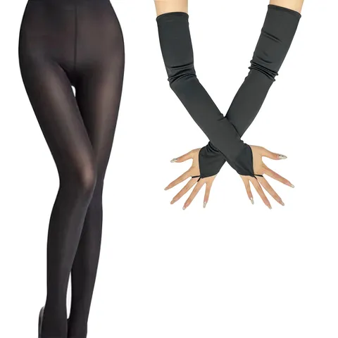 Women Sexy Mesh Satin Gloves Pantyhose Set Long Sleeve Stockings Lingerie Accessories For Party Cosplay