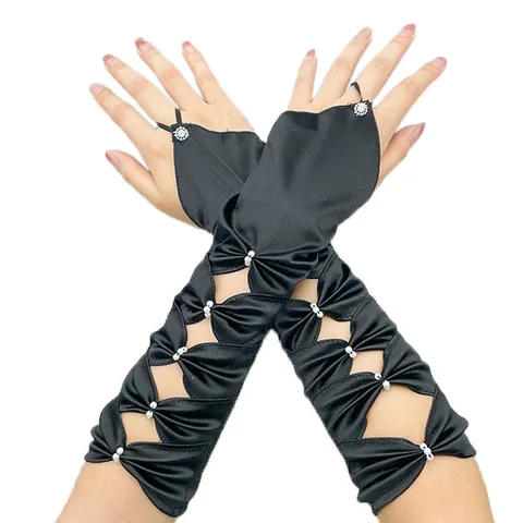Gants de Soirée de Mariage Élastiques à Doigt Crocheté Ajouré en Satin avec Nœud de Perles Accessoires pour Femmes