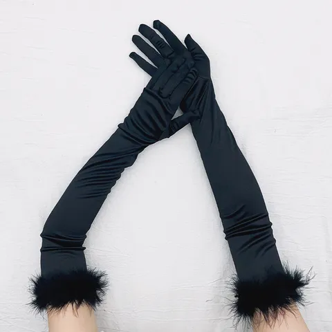 Gants Longs en Satin Fête Vintage Années 1920 Cosplay Gants pour Femmes Garniture en Peluche Élégants Gants de Soirée Accessoires