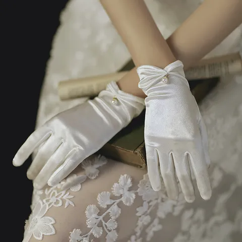 Femmes Élégants Gants de Mariage en Satin Nœud Perle Décor Gants Courts de Mariée Fête Soirée Accessoires de Robe