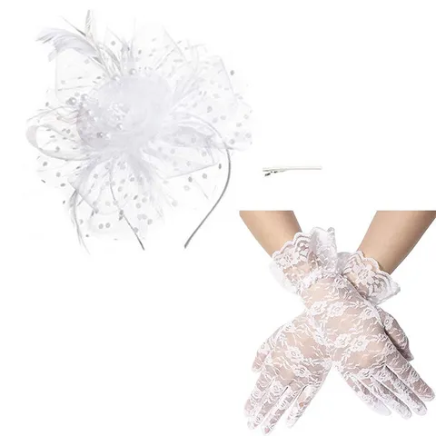 Femmes Vintage Plume Filet Coiffe Gants en Dentelle Bal Mariée Accessoires de Coiffure Élégant Fête Robe de Soirée Accessoire