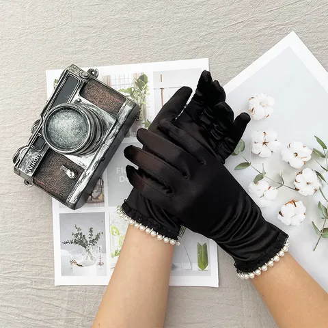 Gants en Satin Élégants pour Femmes Poignet Court Perle Garniture en Dentelle Mariage Fête Étiquette Formelle Gants de Performance