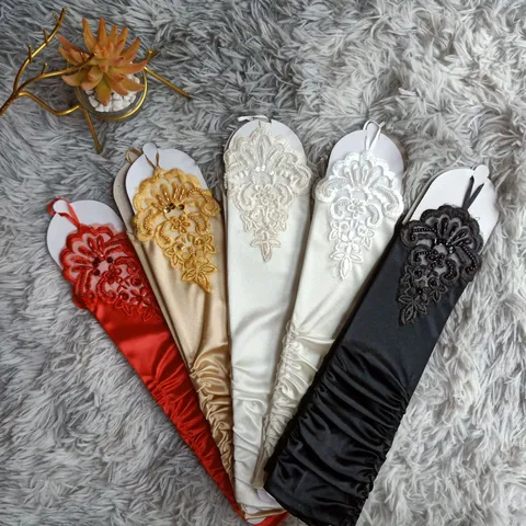 Gants d'Étiquette Longs en Satin pour Femmes Broderie en Dentelle Perlés Gants d'Opéra pour Mariage Scène Fête Accessoires de Costume