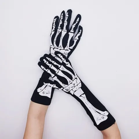 Halloween Skeleton Bone Long Gloves Γοτθικό Σκούρο Στυλ Μαύρο Ελαστικό Ύφασμα Unisex Party Cosplay Costume Accessories
