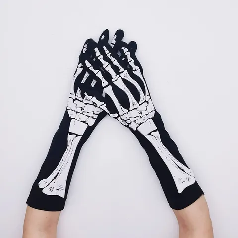 Halloween Skeleton Bone Long Gloves Γοτθικό Σκούρο Στυλ Μαύρο Ελαστικό Ύφασμα Unisex Party Cosplay Costume Accessories
