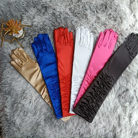 Gants Longs Plissés en Satin pour Femmes Gants d'Opéra Brillants à Cinq Doigts Fête de Mariage Performance sur Scène Gants de Protection Solaire