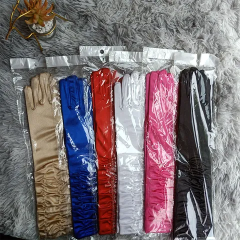 Gants Longs Plissés en Satin pour Femmes Gants d'Opéra Brillants à Cinq Doigts Fête de Mariage Performance sur Scène Gants de Protection Solaire