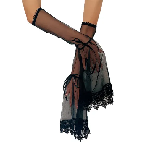 Femmes Longues Manches en Maille avec Nœud Accessoires de Costume de Fête d'Halloween Gants en Dentelle Noire Volants