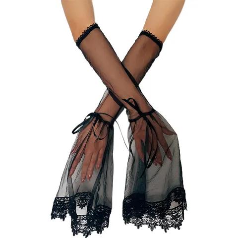 Femmes Longues Manches en Maille avec Nœud Accessoires de Costume de Fête d'Halloween Gants en Dentelle Noire Volants