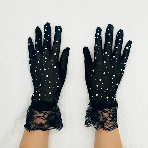 Femmes Sexy Noir Blanc Gants en Dentelle Strass Tulle Longs Courts Gants Halloween Fête Costume Accessoires