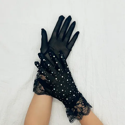Femmes Sexy Noir Blanc Gants en Dentelle Strass Tulle Longs Courts Gants Halloween Fête Costume Accessoires