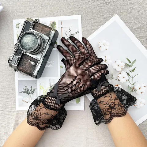 Gants Courts en Dentelle Maille Fine Été Femme Élégant Protection Solaire Gants de Mariage Étiquette Accessoires Mode
