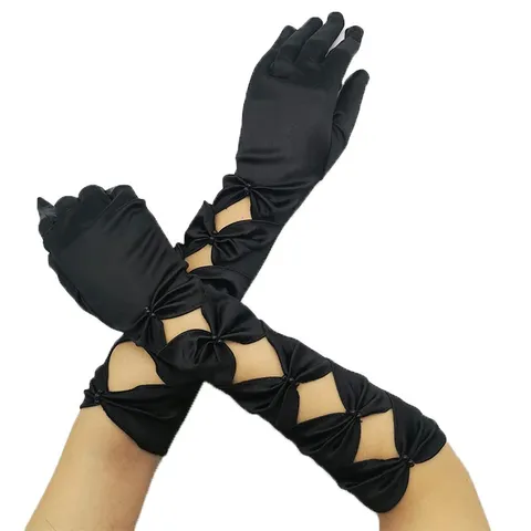 Femmes Satin Creux Nœud Perle Mariage Scène Performance Gants Élégants Longs Gants de Soirée Fête Costumes d'Opéra