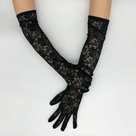 Gants Longs en Dentelle pour Femmes Protection Solaire UV Filet Floral Gants à Doigts Pleins Accessoires de Mode pour Conduite en Plein Air
