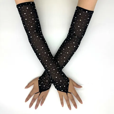 Women Fashion Rhinestone Mesh Gloves Long Fingerless Rave Party Fishnet Gloves Sparkling Crystal Performance Gloves