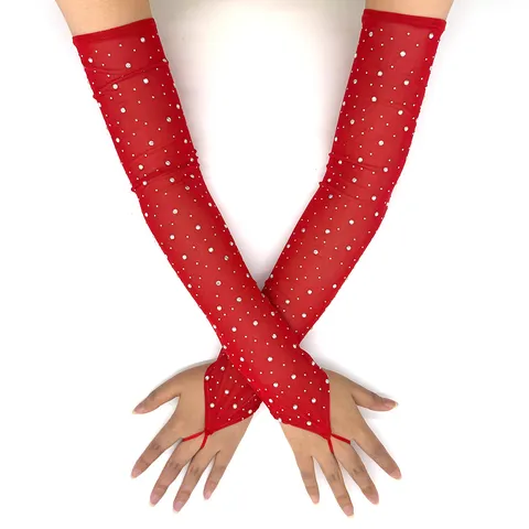 Women Fashion Rhinestone Mesh Gloves Long Fingerless Rave Party Fishnet Gloves Sparkling Crystal Performance Gloves