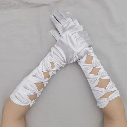 Femmes Satin Creux Nœud Perle Mariage Scène Performance Gants Élégants Longs Gants de Soirée Fête Costumes d'Opéra
