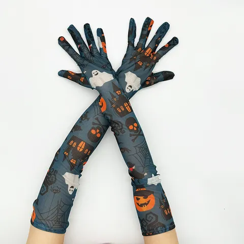 Halloween Longs Gants en Dentelle Maille Squelette Citrouille Imprimé Fête Costume Accessoires Femmes Gothique Noir Gants