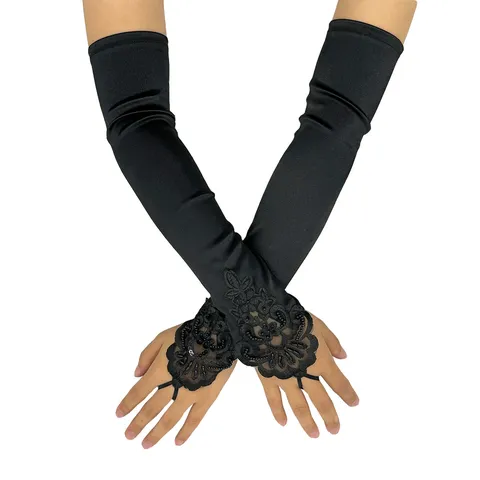 Rétro Longs Gants en Satin Dentelle Femmes Opéra Fête Mariage Gants Formels Tissu Extensible Accessoires de Costume Sans Doigts