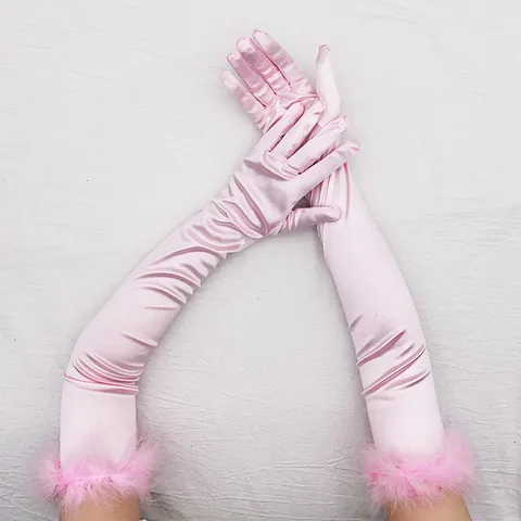 Gants Longs en Satin Fête Vintage Années 1920 Cosplay Gants pour Femmes Garniture en Peluche Élégants Gants de Soirée Accessoires