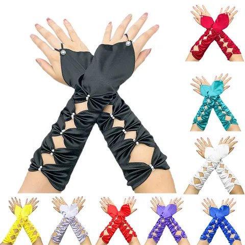 Gants de Soirée de Mariage Élastiques à Doigt Crocheté Ajouré en Satin avec Nœud de Perles Accessoires pour Femmes