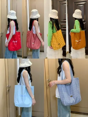 Borsa Tote in Tela da Donna Grande Capacità A Quadri Casual Shopper Borsa a Mano Stampa Lettere Borsa a Tracolla Commuter