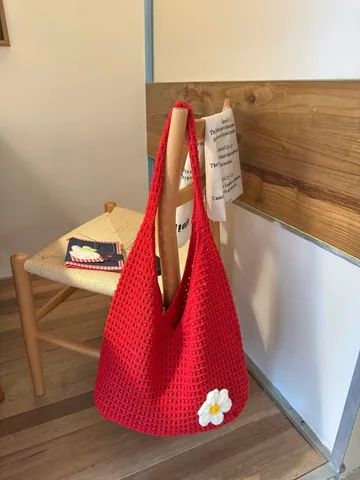 Borsa Tote Casual Lavorata a Maglia Traforata da Donna Borsa a Tracolla all Uncinetto con Accento Floreale Stile Rilassato Borsa a Mano Giornaliera
