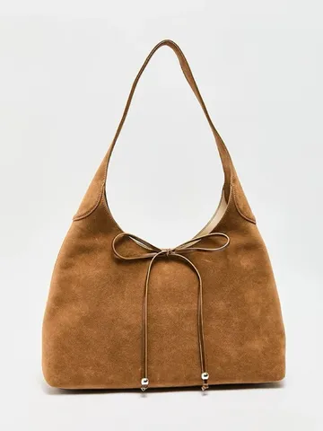 Borsa a Tracolla in Scamosciato Vintage da Donna Grande Capacità Borsa Tote Hobo Casual Con Fiocco e Coulisse Borsa Quotidiana