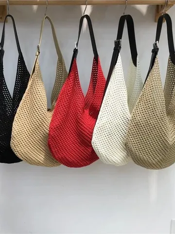 Borsa Tote Tessuta da Donna Traforata Casual Borsa a Tracolla da Spiaggia Grande Capacità Vacanze Estive Borsa a Mano