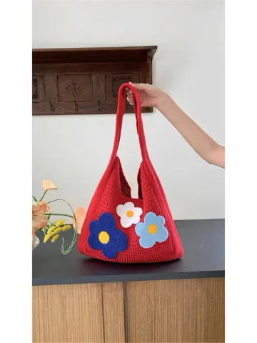 Donna Estate Casual Lavorato a Maglia Tote Bag Grande Capacità Borsa a Tracolla Tessuta Ricamo Floreale 3D Borsa da Lavoro