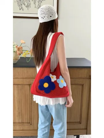Donna Estate Casual Lavorato a Maglia Tote Bag Grande Capacità Borsa a Tracolla Tessuta Ricamo Floreale 3D Borsa da Lavoro
