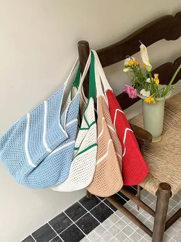 Borsa Tote Lavorata a Maglia a Rete Traforata Stile Coreano Donna Estate Grande Capacità Borsa da Mare Borsa a Tracolla Casual