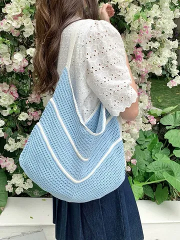 Borsa Tote Lavorata a Maglia a Rete Traforata Stile Coreano Donna Estate Grande Capacità Borsa da Mare Borsa a Tracolla Casual