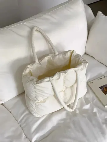 Borsa Tote Trapuntata Minimalista in Tinta Unita da Donna Grande Capacità Borsa a Tracolla in Cotone Piuma Puffer Casual da Lavoro