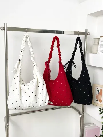 Borsa Tote in Tela Casual da Donna Grande Capacità Pois Borsa a Tracolla Plissettata