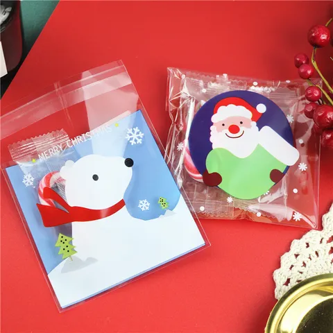 Weihnachten Süßigkeiten Verpackungstüten Klare Kunststoff Selbstklebende Geschenktüten Mit Kartonboden Niedlicher Weihnachtsmann Eisbär Druck Kekstüten Für Feiertagsfeier Pack