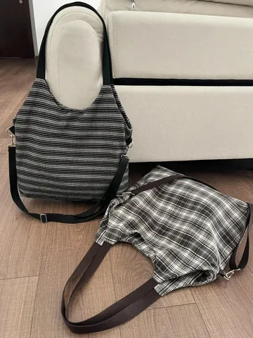 Borsa Tote in Tela Moda Vintage Strisce Quadri Borsa a Tracolla Grande Capacità Borsa Casual per Donna
