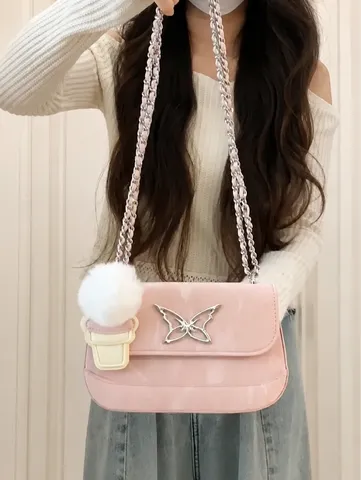 Borsa a Tracolla a Catena in Pelle PU Moda Donna Stile Designer di Lusso Borsa a Spalla Piccola Quadrata Con Decorazione Farfalla