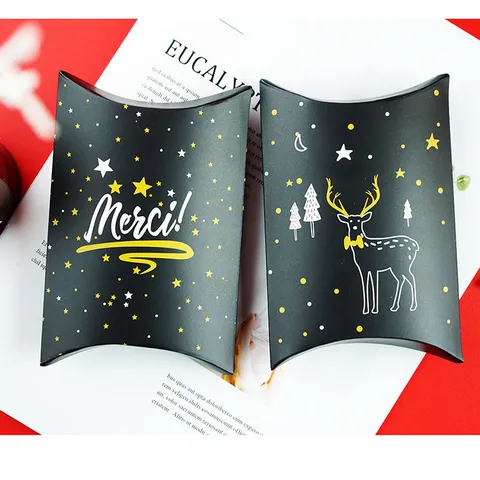 Scatola Regalo di Natale in Carta Nordica Nero Oro Scatole di Caramelle a Cuscino con Motivo a Cervo Fiocco di Neve Festa Decorazione