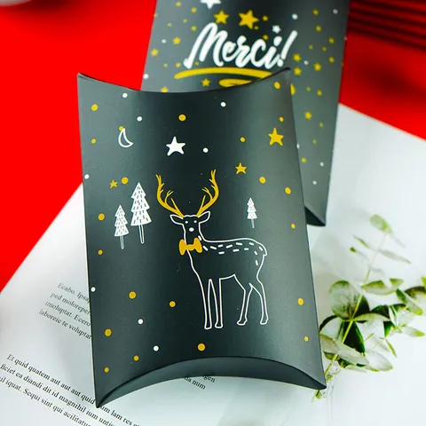 Scatola Regalo di Natale in Carta Nordica Nero Oro Scatole di Caramelle a Cuscino con Motivo a Cervo Fiocco di Neve Festa Decorazione
