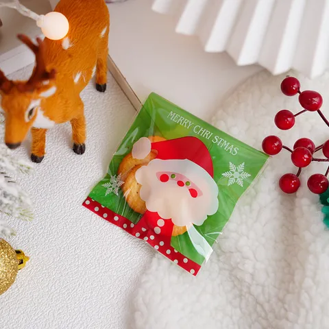 Grün Weihnachten Weihnachtsmann Cellophantüten Selbstklebend Süßigkeiten Kekse Geschenktüten Durchsichtige Plastikverpackung Beutel Für Feiertag Party