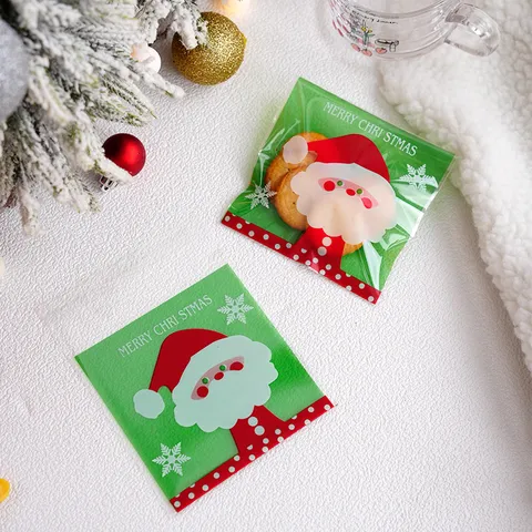 Grün Weihnachten Weihnachtsmann Cellophantüten Selbstklebend Süßigkeiten Kekse Geschenktüten Durchsichtige Plastikverpackung Beutel Für Feiertag Party