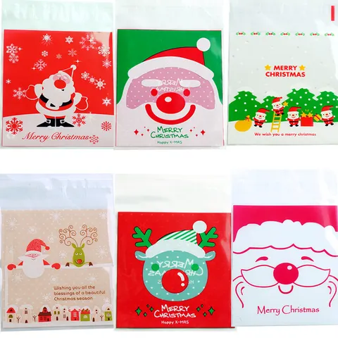 Sacchetti di Confezionamento per Biscotti Autoadesivi in Plastica di Natale Babbo Natale Renna Cartone Animato Sacchetti per Caramelle e Dolci per Pasticceria Fai da Te Festa