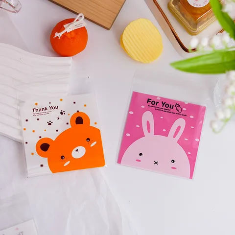 Sacchetto Autoadesivo in Plastica OPP con Orso e Coniglio Cartone Animato Carino Sacchetto di Imballaggio Trasparente per Caramelle Biscotti Regalo