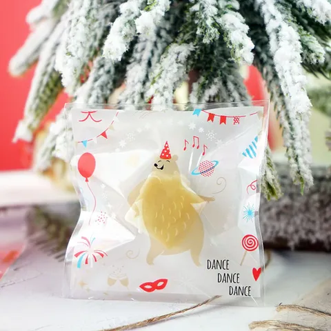 Christmas Bear Plastic Self Adhesive Cookie Bags Transparent Gift Packaging Bags For Biscuit Snowflake Crisp Holiday Baking Supplies