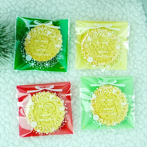 Christmas Wreath Printed Self Adhesive Plastic Packaging Bags For Biscuit Handmade Soap Snowflake Crisp Treats Holiday Party Gift Wrapping Supplies